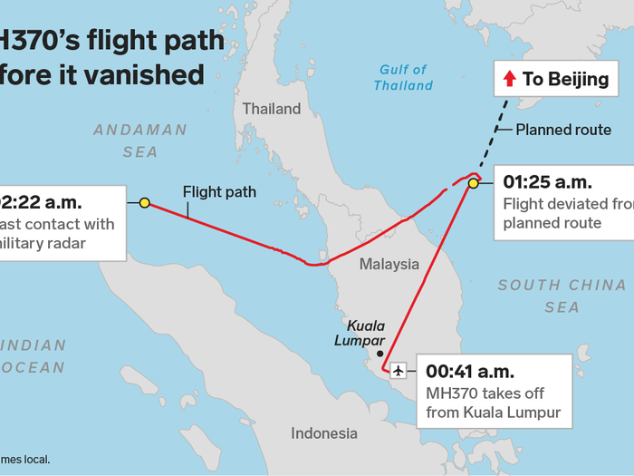 In June, The Atlantic reported new findings in relation to Malaysia Airlines Flight MH370 which vanished and crashed in 2014, killing at 239 passengers on board. This map shows the flight path before it vanished: