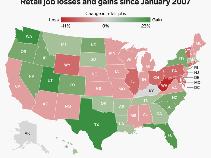 Retail employment fell between 6% and 10.3% from January 2007 to February 2019, according to data from the Bureau of Labor Statistics. Among the states hit hardest by retail job losses over the last decade are West Virginia, Vermont, Rhode Island, Ohio, Connecticut, and Maryland.