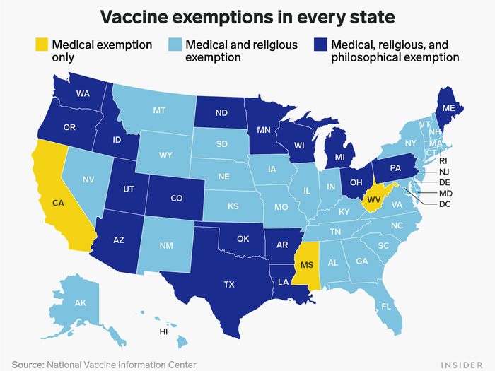 After a measles outbreak affecting at least 19 states and over 400 people, many health experts attributed the outbreak to the anti-vaccination movement. This map breaks down vaccine-exemption rules across the US, using data from the National Vaccine Information Center: