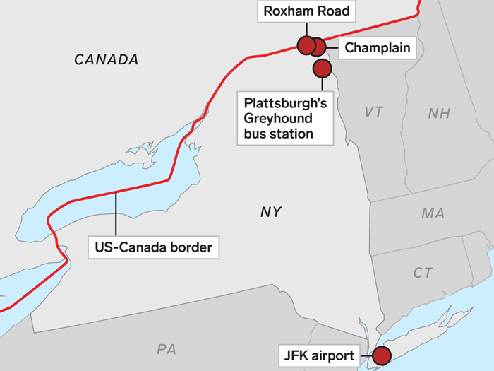 Meanwhile while America was fixated on Mexico and the wall, thousands of migrants were fleeing for Canada in a dramatically different scene. This map shows the path migrants would take to cross the Canadian border: