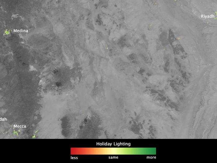 In Saudi Arabian cities, light grew 60% to 100% brighter during Ramadan.