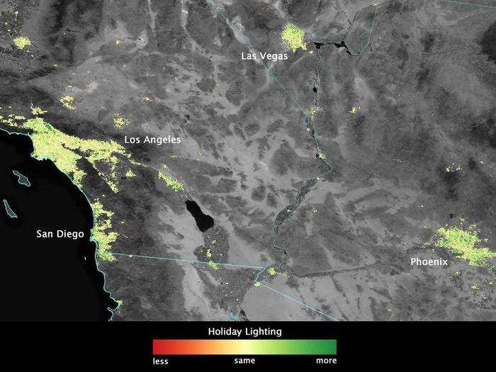 Holiday festivities also brightened up Los Angeles, San Diego, and Las Vegas, but Phoenix and the Mexican border city of Tijuana saw the biggest holiday light changes.