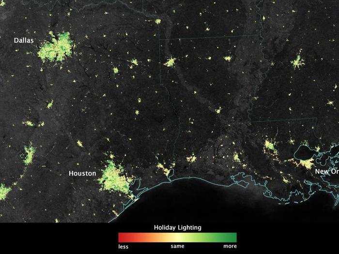 Christmas lights were even more intense in the suburbs and outskirts of major cities. Those areas grew 30% to 50% brighter in December.