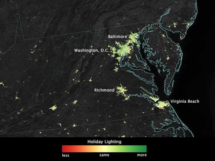 After examining 70 US cities, NASA found that lighting in central urban areas was 20% to 30% brighter in December.