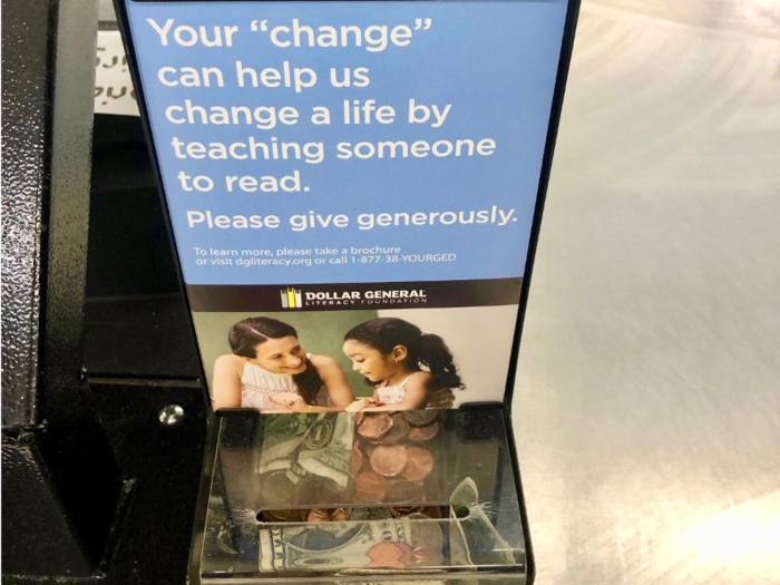 At checkout, we found a donation box for the Dollar General Literacy Foundation, which awards millions of dollars in grants to literacy organizations.