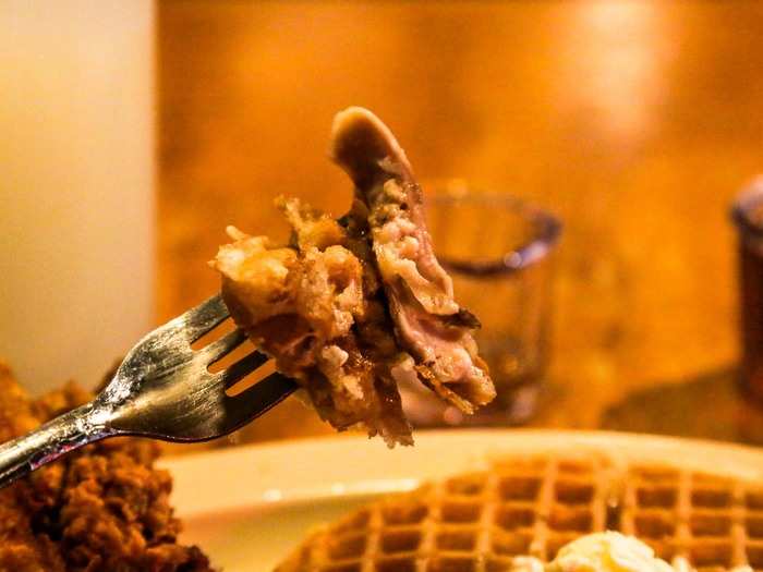 This bite was everything I ever dreamed chicken and waffles would be. The hot, sweet syrup bonded the tender waffle with the fatty chicken meat and crispy skin.