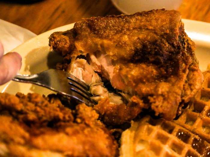 The chicken was just like the waffles: I broke through its thin, crispy exterior to reveal a meaty interior that was dripping with fat and flavor.