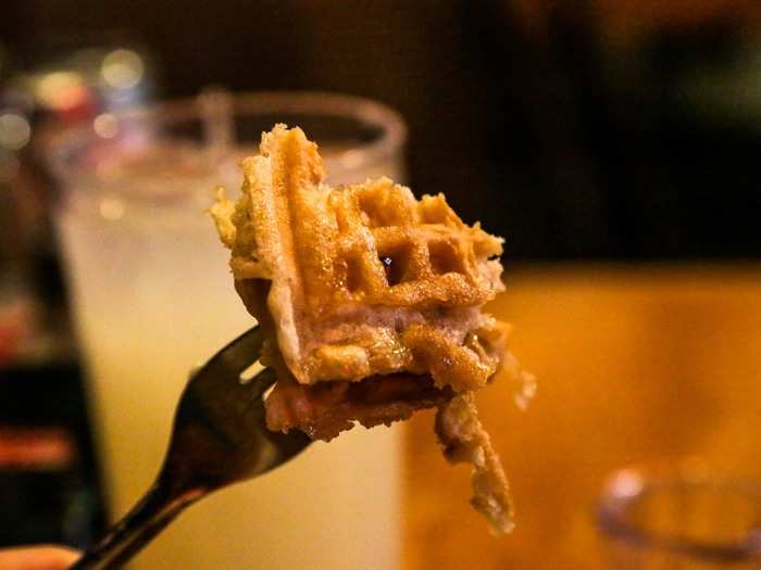 These waffles were a miracle. Every millimeter of the crust was hot and crispy, but the syrup-soaked interior was soft and melty. There was also an unexpected savory tang that gave each bite extra depth.