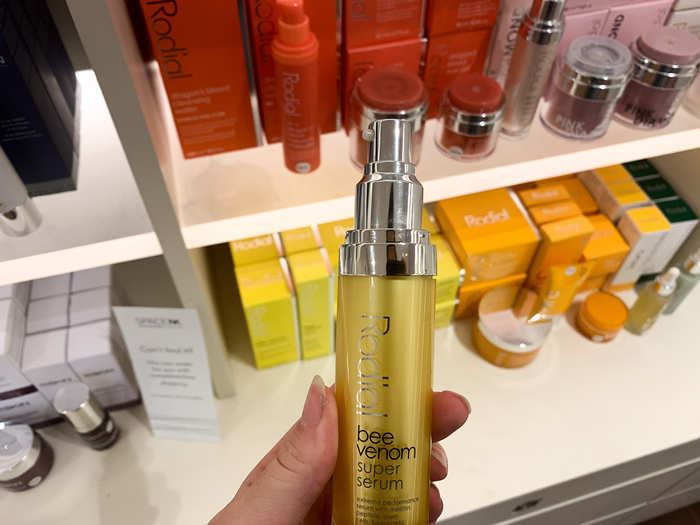 Among its collection were yellow bottles of bee venom super serum by Rodial for $220 each. A warning on the back advised avoiding use if you have a bee-sting allergy.