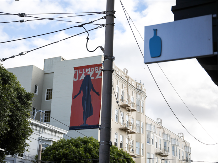 The Fillmore District south of Pac Heights has a long-standing reputation for its music scene, with the annual Fillmore Jazz fest specifically being a city favorite. Banners for the event are strewn up and down the street.