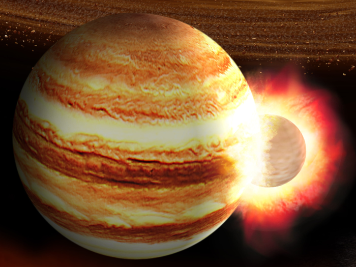 Research about other planets in the solar system revealed surprises, too. Scientists discovered that a huge planet may have crashed into Jupiter about 4.5 billion years ago.