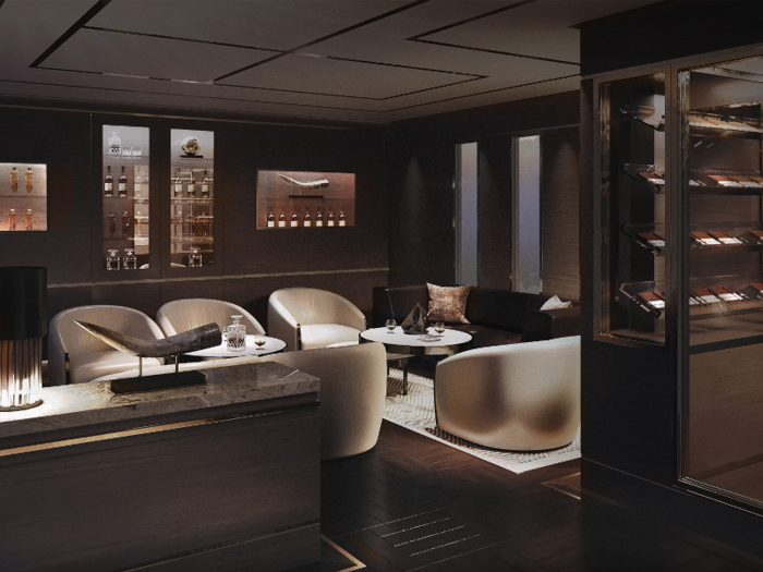 The ship is designed with lavish amenities to support longer stays. This includes multiple dining venues and lounging areas, including a bar called The Humidor that serves cigars and cognac.