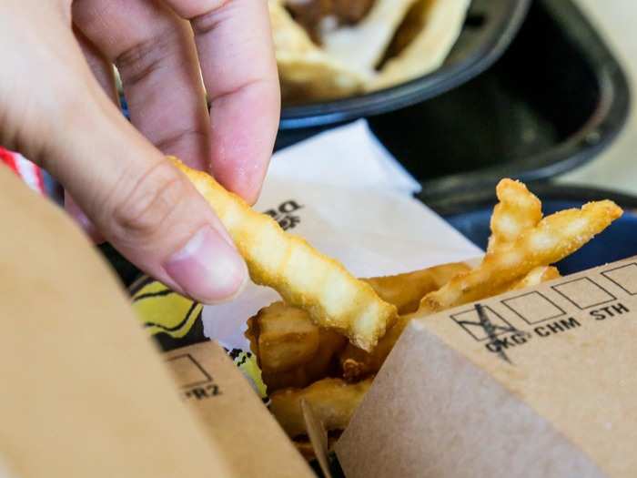 I nibbled at a fry before I dug into my feast. It was just okay for a fry — surprisingly crispy and flavorful for a crinkle-cut fry, but not the kind of fry that keeps you coming back for more.