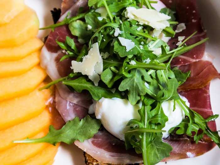 Say it three times fast: toasted ancient grain ciabatta, garlic truffle aioli, sautéed wild mushrooms, prosciutto di Parma, poached eggs, wild arugula, Parmigiano-Reggiano, and sage butter served with seasonal melon.