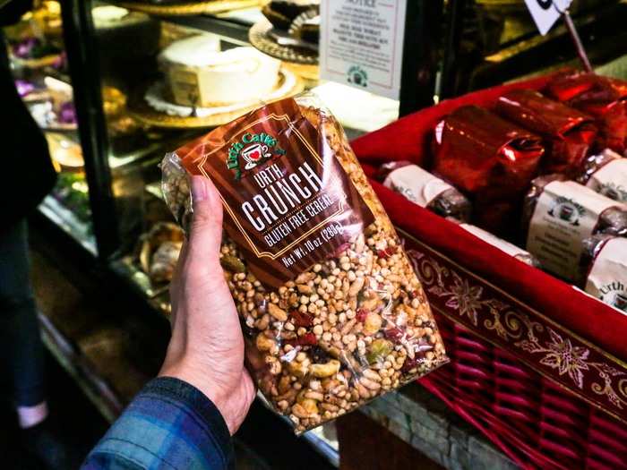 There are plenty of products to take home, such as bagged coffees and this bag of gluten-free crunchy cereal.