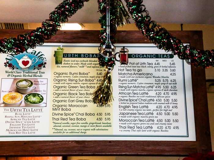 The menu board was full of imaginative drinks ranging from boba to matcha to other kinds of tea — all organic, of course.