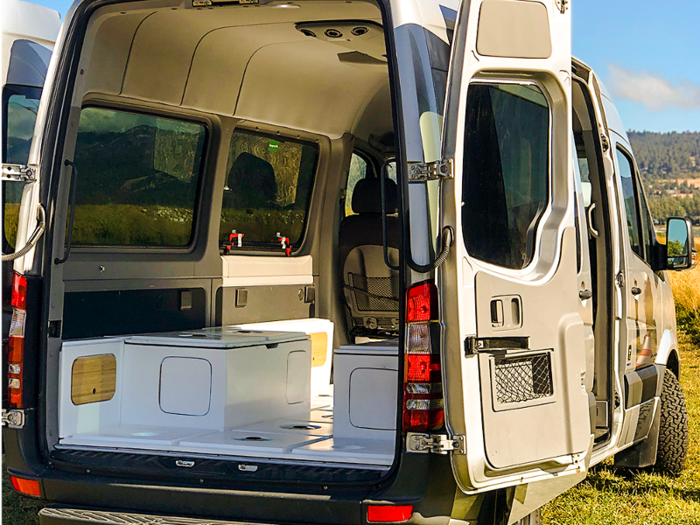 A built-in front drain means the floor can be easily hosed down and cleaned, according to Happy Camper.