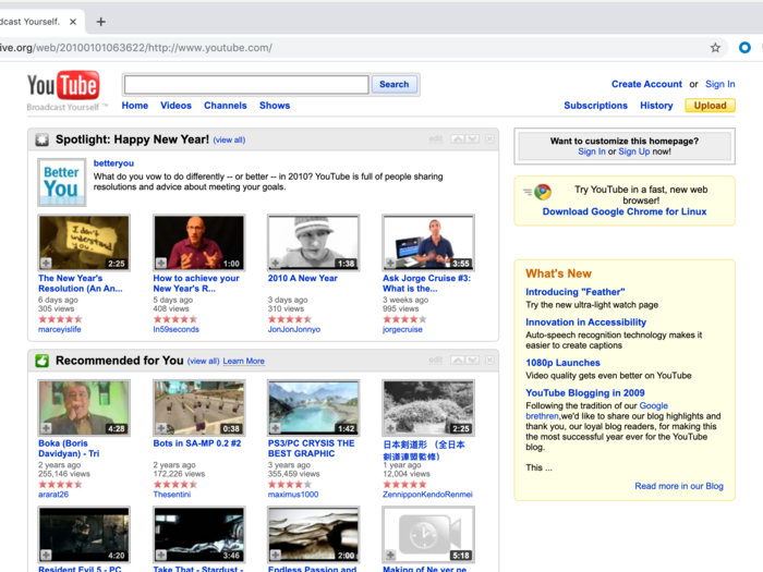 YouTube looked like it was still a rough draft in 2010. Also, it really liked to use borders.