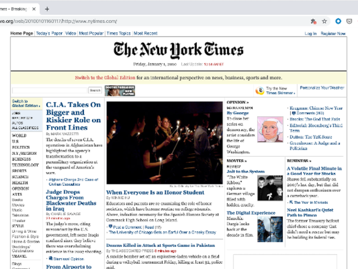 The New York Times was trying to go global in 2010. Also, it apparently felt the need to remind us we could actually click on headlines by making them all blue.