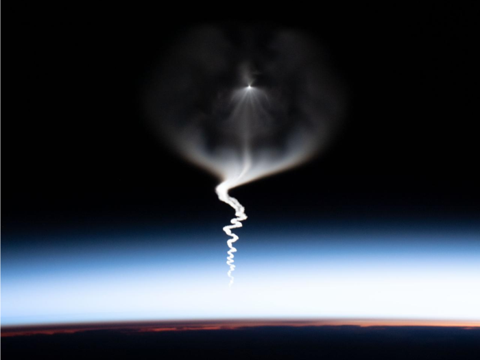 This abstract-looking shot shows the launch of another spacecraft — a Russian Soyuz MS-15 — as seen from the International Space Station.