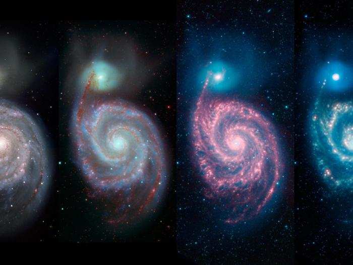 This Andy Warhol-esque portrait of the Whirlpool galaxy shows how telescopes use different wavelengths of light to see different features of cosmic objects.