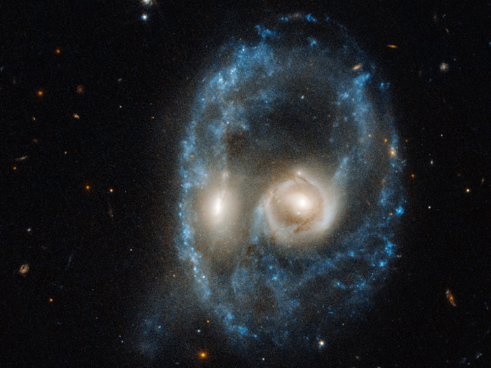 Gravitationally locked galaxies can crash into each other. This rare, violent collision creates a ring structure around the galaxies