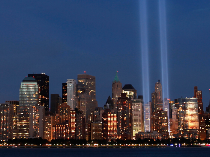In 2010, this was the view of Lower Manhattan from New Jersey on September 11, when twin columns of light were projected into the sky in remembrance of the September 11 attacks.