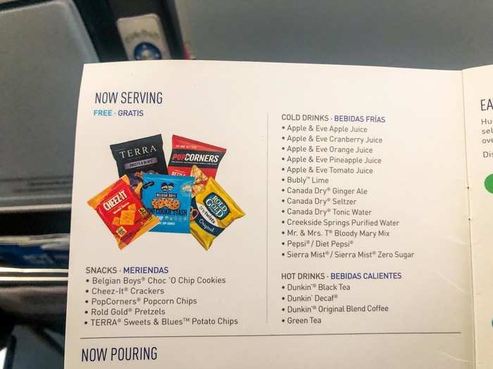 Jetblue offers five kinds of snacks on its flights: Cheez-Its, pretzels, Pop Corners, cookies, and Terra blue potato chips.