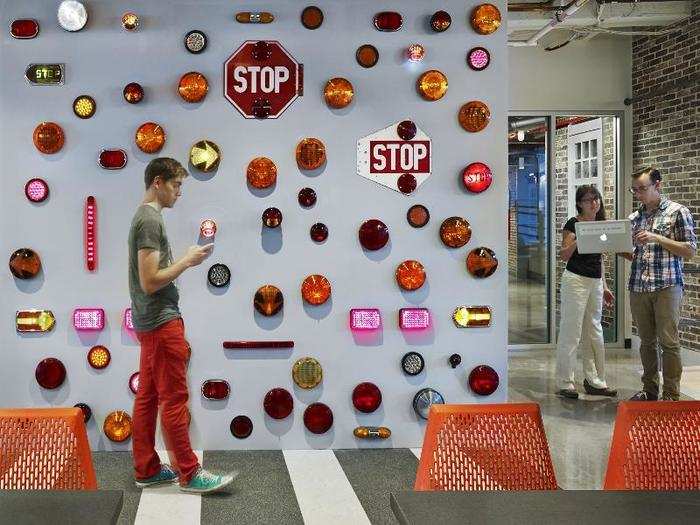 Stop signs and traffic lights are a theme throughout the campus and stand in over what would otherwise be boring bare walls.