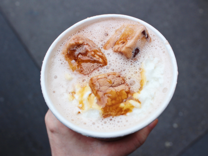 Floating on top of a bed of foamy whipped cream were three chocolate chip marshmallows and a swirl of salted caramel syrup.