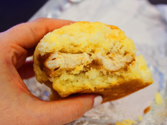 I tried it first without sauce — the chicken was juicy and the biscuit melted in my mouth.