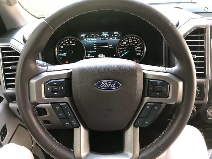 The F-150 has a multifunction steering wheel, leather-wrapped, and an analog-digital instrument cluster that can be customized to display a wide range of vehicle info.