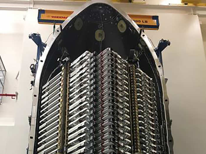 dSpaceX can launch 60 roughly desk-size, 500-pound satellites at a time into space within the nosecone of its Falcon 9 rocket system.