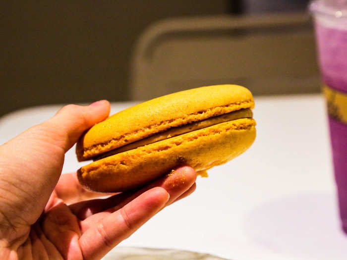 Eventually, I unwrapped my giant salted caramel macaron. It was cold and seemed like it was still defrosting.