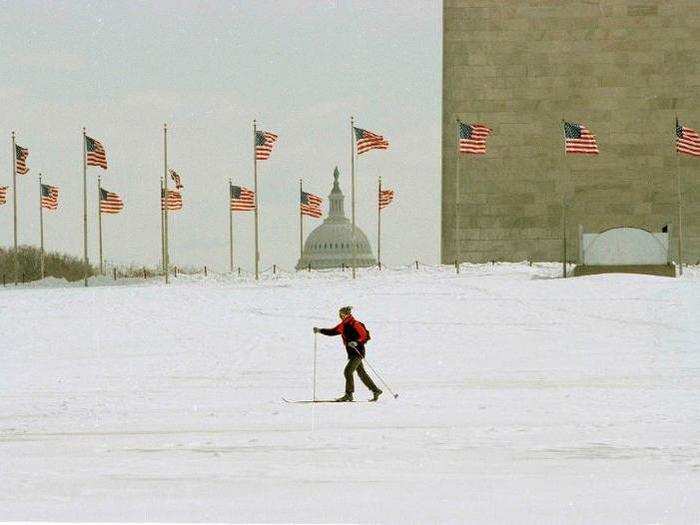 At some point, all snowstorms end. In 1993, a lone skier passed the Washington Monument as the city began to recover from one of the biggest winter storms in years.