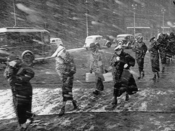 In Cleveland, snow came at pedestrians at an angle. Those trudging did their best to hurry on with their lives.