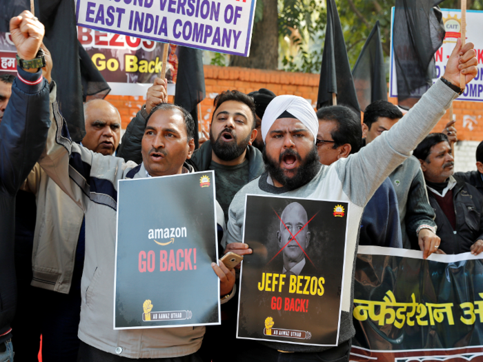 Sumit Agarwal of CAIT tweeted that Bezos and Amazon were "foreign economic terrorists & invaders." Protesters also compared Amazon to the East India Company, a British company that colonized India, parts of Southeast Asia, and Hong Kong.