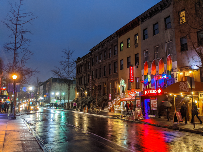 The block where it sits is a far cry from Times Square: Its relatively quiet and lined with brownstones and restaurants.