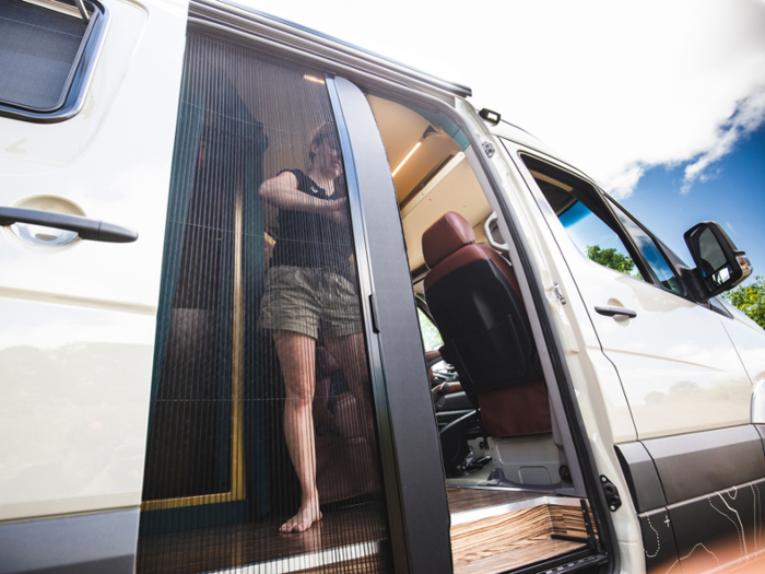 There are solar panels and two 360-amp hour lithium-ion batteries that power the interior of the van. The secondary alternator on board recharges the van