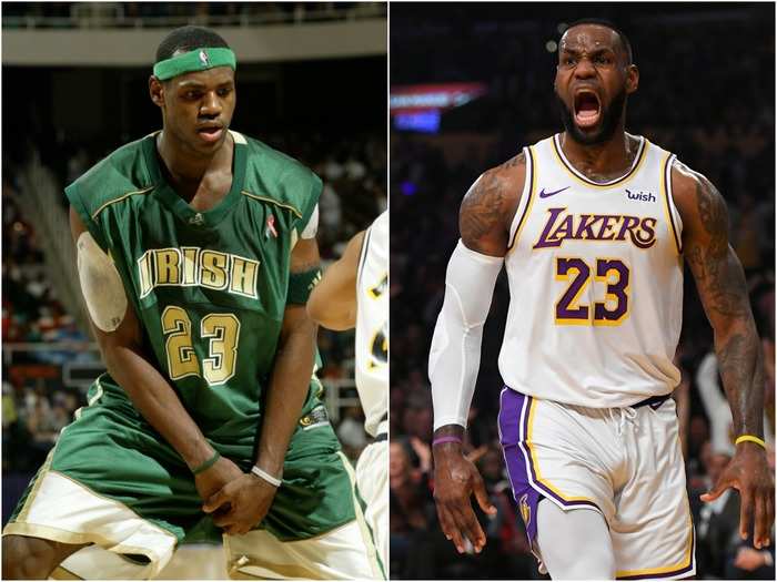 Lebron James has taken away the headband, but added tattoos, a beard, and plenty of muscle since high school.