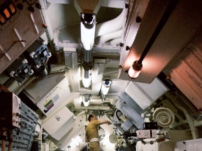 The first US space station was called Skylab; this photo shows its interior chamber. The station included a workshop and solar observatory, and it housed hundreds of science experiments.