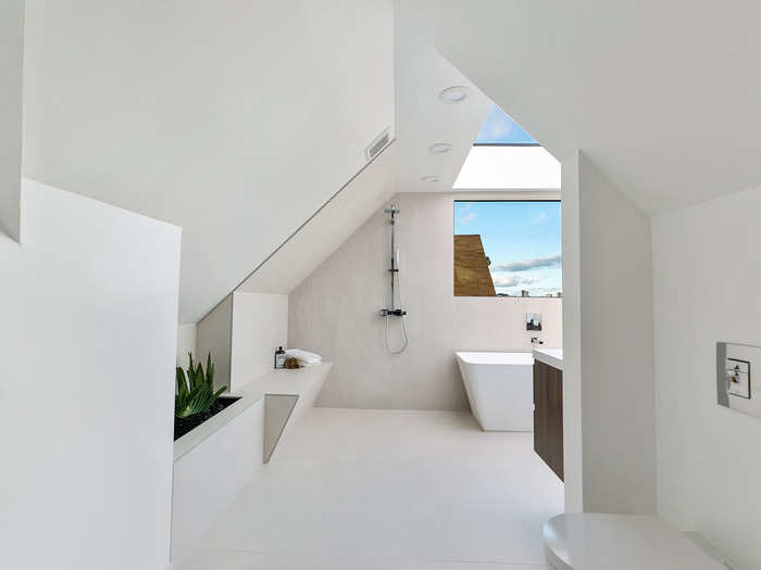 The attached bathroom has a glass ceiling and a succulent garden.