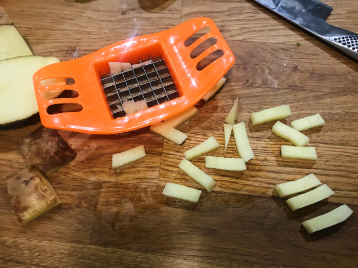 Thinking that maybe a smaller chunk of potato would work, I cut my spud down to about two inches tall — and it worked.