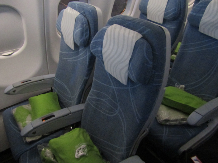 The seats were blue with white headrest covers, reflecting the colors of a snowy Finnish day.