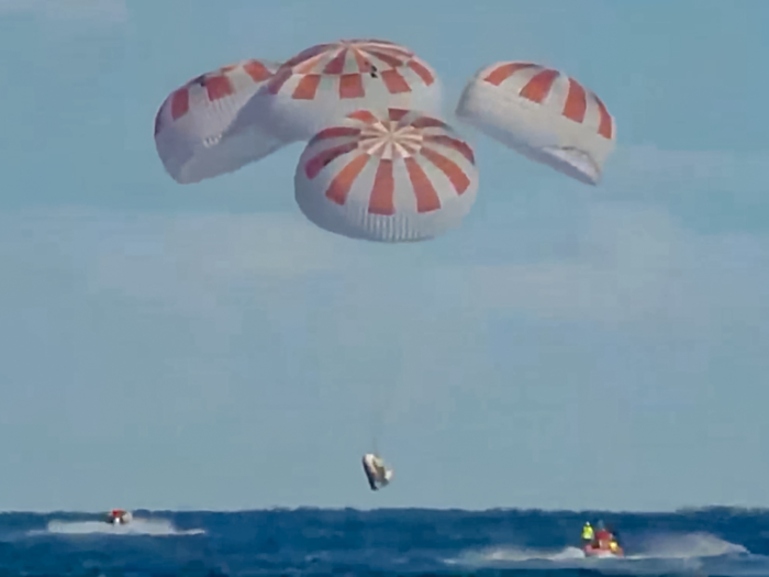 After its five-day sojourn at the space station, the capsule splashed down in the Atlantic Ocean off the coast of Florida.