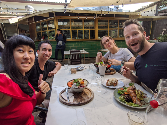 At noon, Shen and Leung meet back up with friends for a lunch at "Rustic and Blue The Farm Shop," which Sheng said is a popular brunch restaurant in the city serving western food.