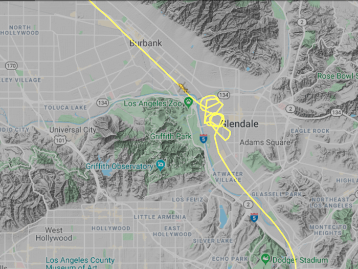 The helicopter continued to ascend steadily, and at around 9:20 a.m. circled over Glendale for about 10 minutes. Around this time the helicopter pilot also called flight control authorities.
