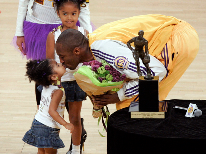 When Kobe was presented with his first and only NBA MVP award in 2008, Gigi was on hand at the Staples Center to celebrate with a kiss.