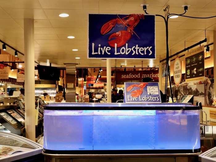 In the seafood section, we found a tank for live lobsters.