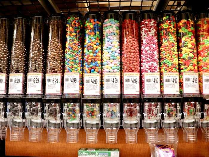 Like PCC, Wegmans had some food dispensers in the aisle for customers to fill their own bags of different sweets.